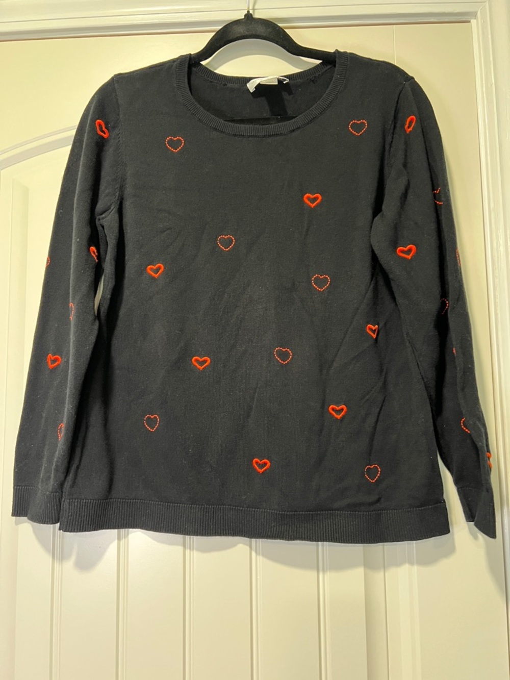 Christopher & Banks Black Crewneck Sweater with Red Heart Embroidery